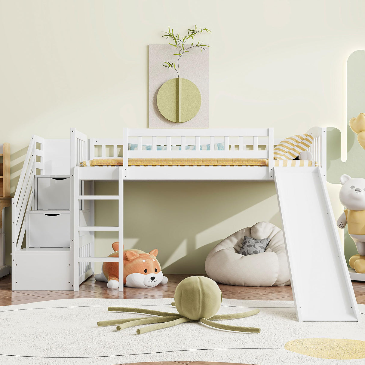 Twin Size Loft Bed Frame with Slide and Stairs for Kids,Twin Size Low Loft Bed with Slide and Drawers,Wood Kids Loft Bed Frame for Boys Girls Teens,White Bellemave
