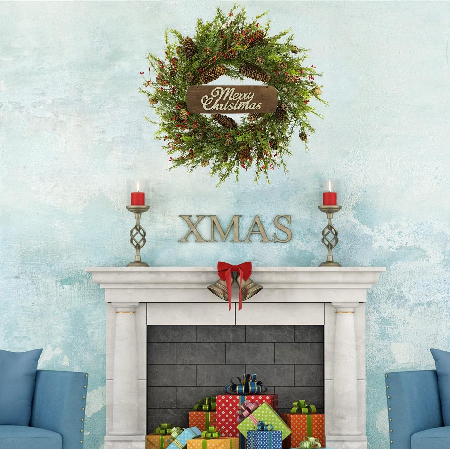 AMF0RESJ 22 inch Artificial Christmas Wreath Winter Wreath with Big pinecones,Pine Needles for Indoor Outdoor Farmhouse Home Wall Window Festival Wedding Decor