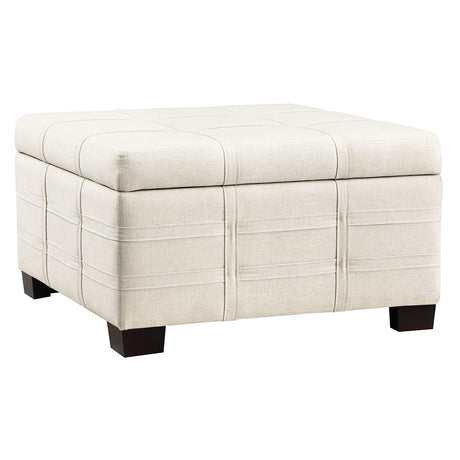 OSP Home Furnishings Detour Strap Square Storage Ottoman with Tray and Solid Wood Legs, Linen Fabric Office Star Products