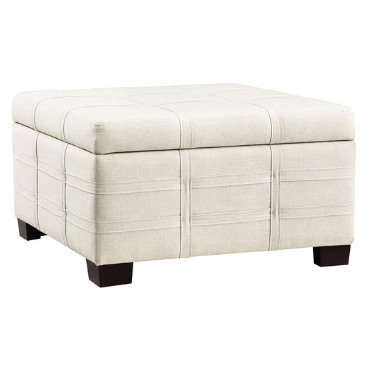 OSP Home Furnishings Detour Strap Square Storage Ottoman with Tray and Solid Wood Legs, Linen Fabric