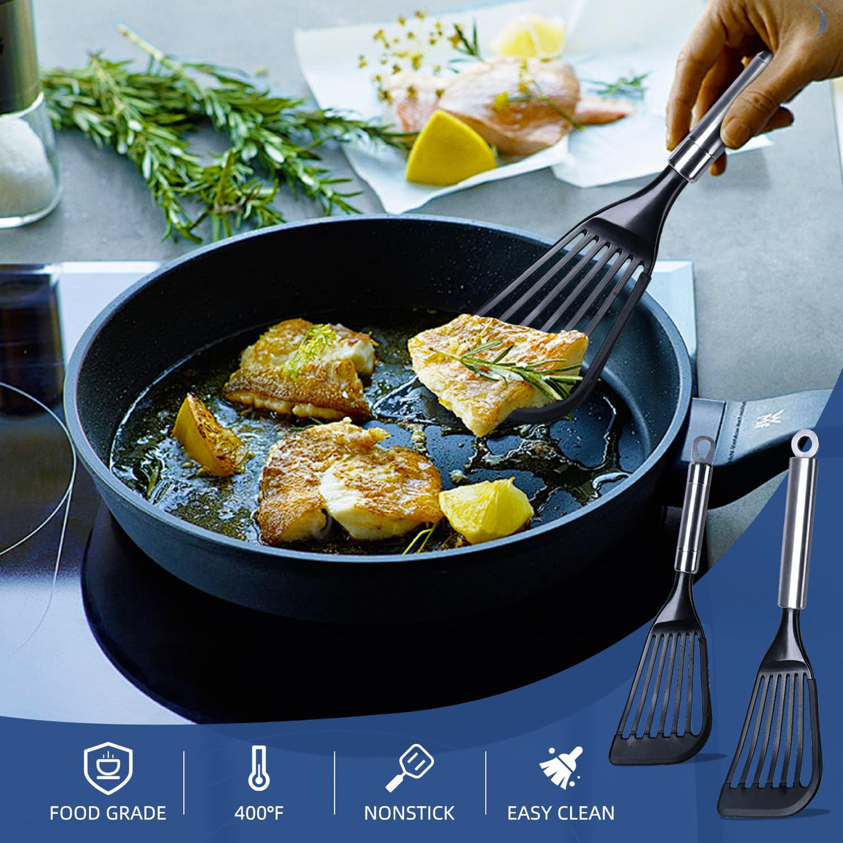 KSENDALO Fish Spatula for Nonstick Cookware -Slotted Turner Egg Spatula -Wide Thin Spatula with European Nylon Blade for Kitchen Use- Egg Flipper Utensils, Black KSENDALO