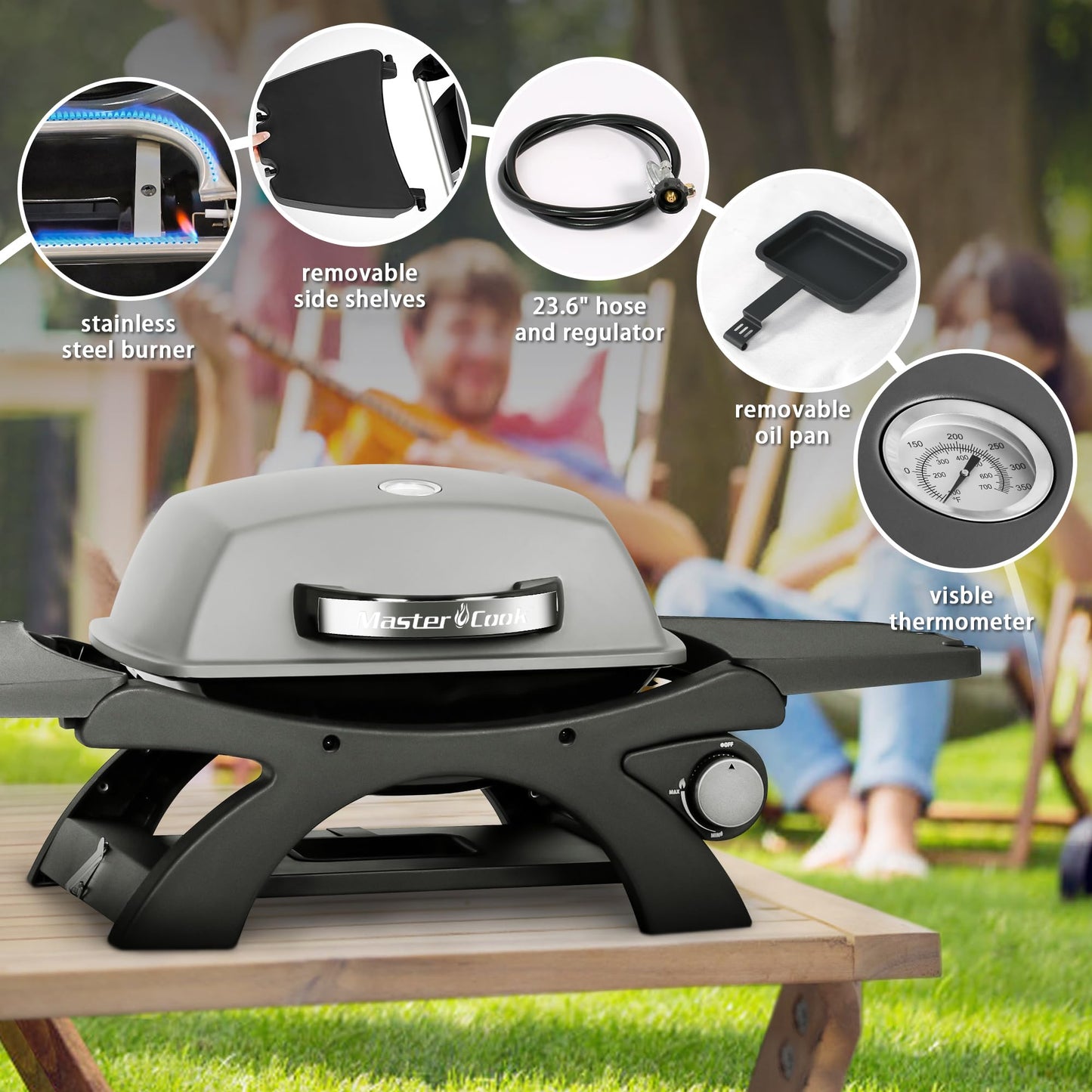 MASTER COOK Tabletop Gas Grill, 11500 BTU Portable Propane Grill Outdoor with Removable Side Shelves for BBQ Camping Patio Backyard