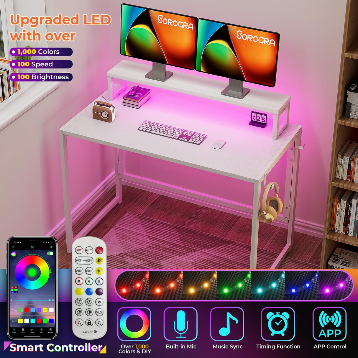 SOROGRA Small Folding Desk 31.5 inch for Small Spaces Foldable Desk with Monitor Shelf, Computer Gaming Table with Led Lights for Home Office Bedroom, Easy Assembly, White SOROGRA