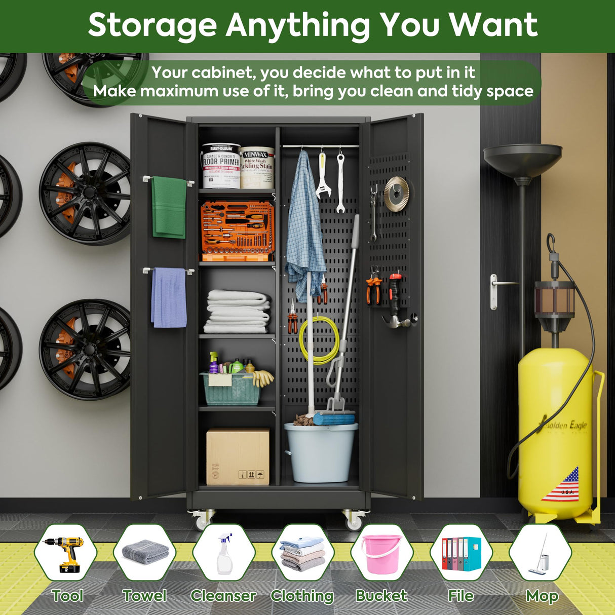 Reemoon Broom Closet Storage Cabinet with Wheels and Pegboard,Metal Garage Storage Cabinet with Doors and Adjustable Shelves for Garage Home,Required Assembly,Black Reemoon