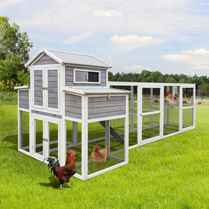 YOPTO 150" Chicken Coop with Two Nesting Boxes and Sliding Door,Outdoor Wooden Extra Large Hen House w/Built-in Slide-Out Tray,Rust-Proof Metal Wire Poultry Cage,5 Perches,Gray