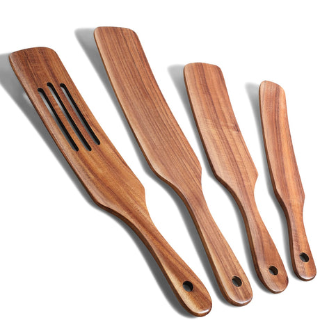 Spurtle Set, Natural Acacia Wooden Kitchen Utensils Set of 4, Wooden Spoons Utensils for Cooking, stirring, Mixing, Serving, spurtles kitchen tools as seen on tv for NonSick Cookware TEZZ