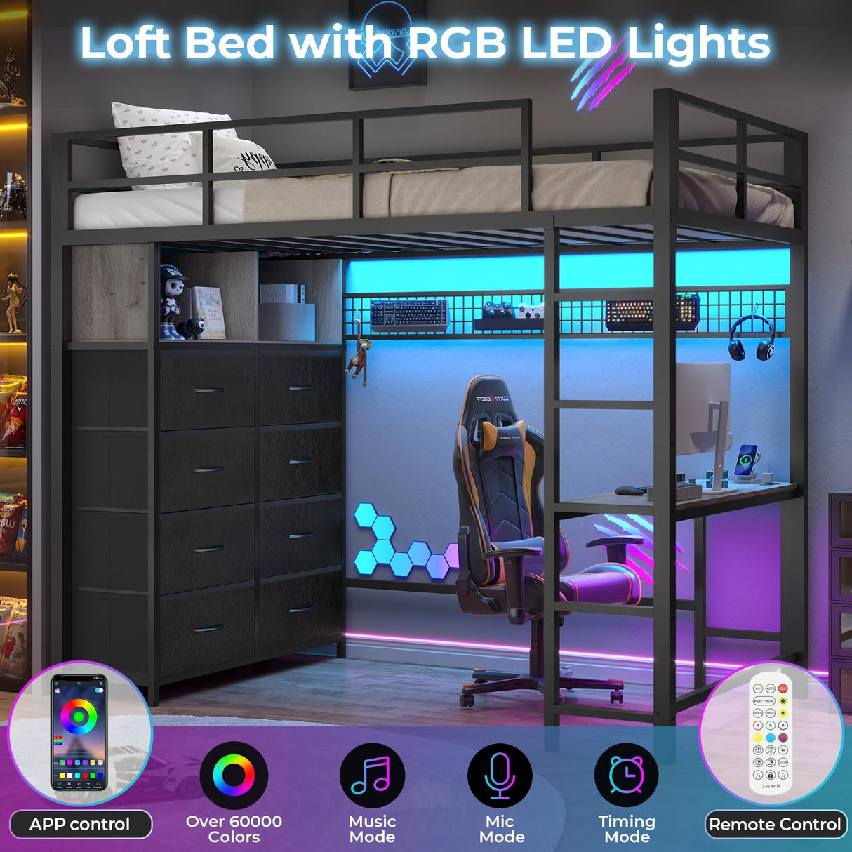 BTHFST Twin Loft Bed with Desk & 8 Storage Drawers Tall Dresser, Black Metal Loft Bed with LED Lights & Charging Station, 2-Tier Storage Shelves, Stable & Sturdy, Noise Free, Space Saving, Grey BTHFST