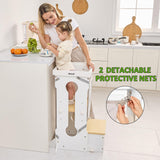 Bateso Toddler Standing Tower, Adjustable Height Toddler Kitchen Stool Helper for Kids 1-6, Toddler Kitchen Step Stool with 2 Detachable Nets, Wooden Montessori Toddler Tower for Kitchen Counter Bateso