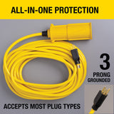 VoltShield 70 ft 12/3 SJTW Heavy Duty All-In-One Weather Protection Extension Cord, Water, Weather & Kink Resistant, Flame Retardant, Yellow, 3 Prong Grounded Plug, Locks Cord Preventing Disconnection VoltShield