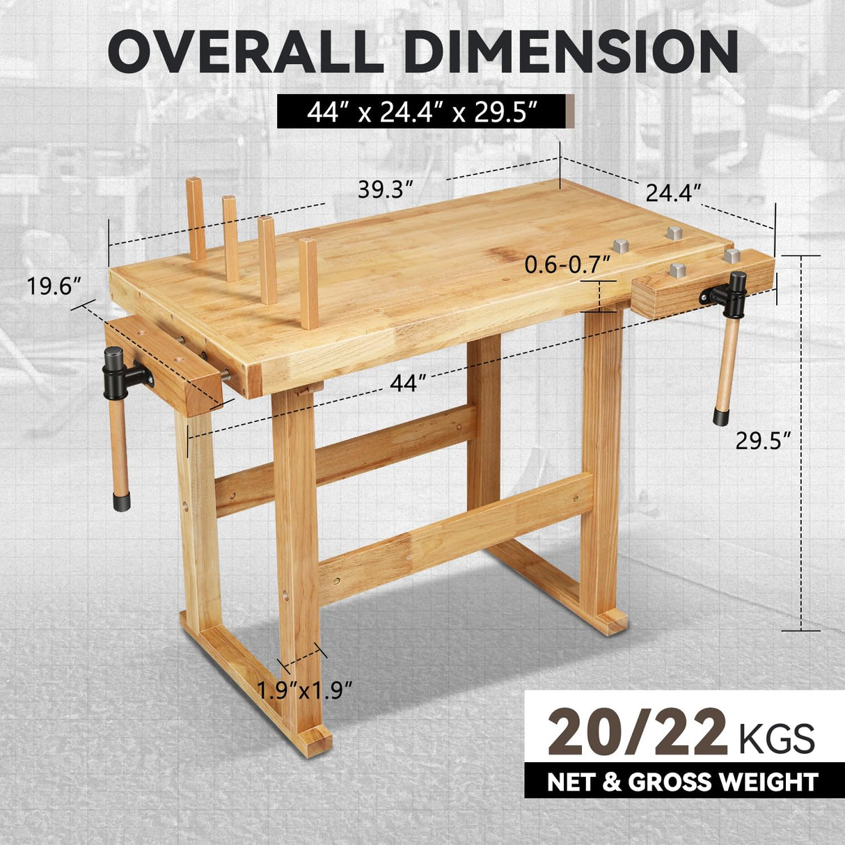 Auto Dynasty Workbench Rubber Wooden Work Bench with Open Space and Adjustable Rotating Handles Hardwood Workbench for Garage, Workshop, Home and Office, 44'' x 24.4'' x 29.5'' Auto Dynasty