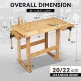 Auto Dynasty Workbench Rubber Wooden Work Bench with Open Space and Adjustable Rotating Handles Hardwood Workbench for Garage, Workshop, Home and Office, 44'' x 24.4'' x 29.5'' Auto Dynasty
