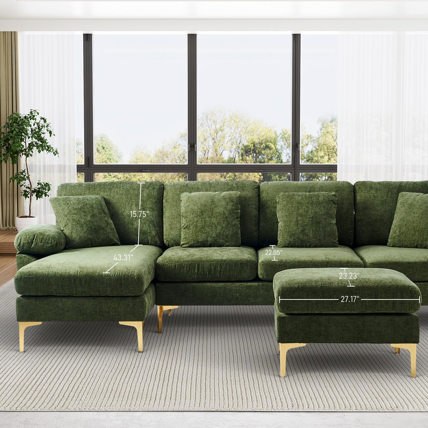 OUYESSIR U-Shaped Sectional Sofa Couch, 4 Seat Sofa Set for Living Room, Convertible L-Shaped Couch Set with Chaise Lounge, Ottoman and Pillows,114 inches (Olive Green)