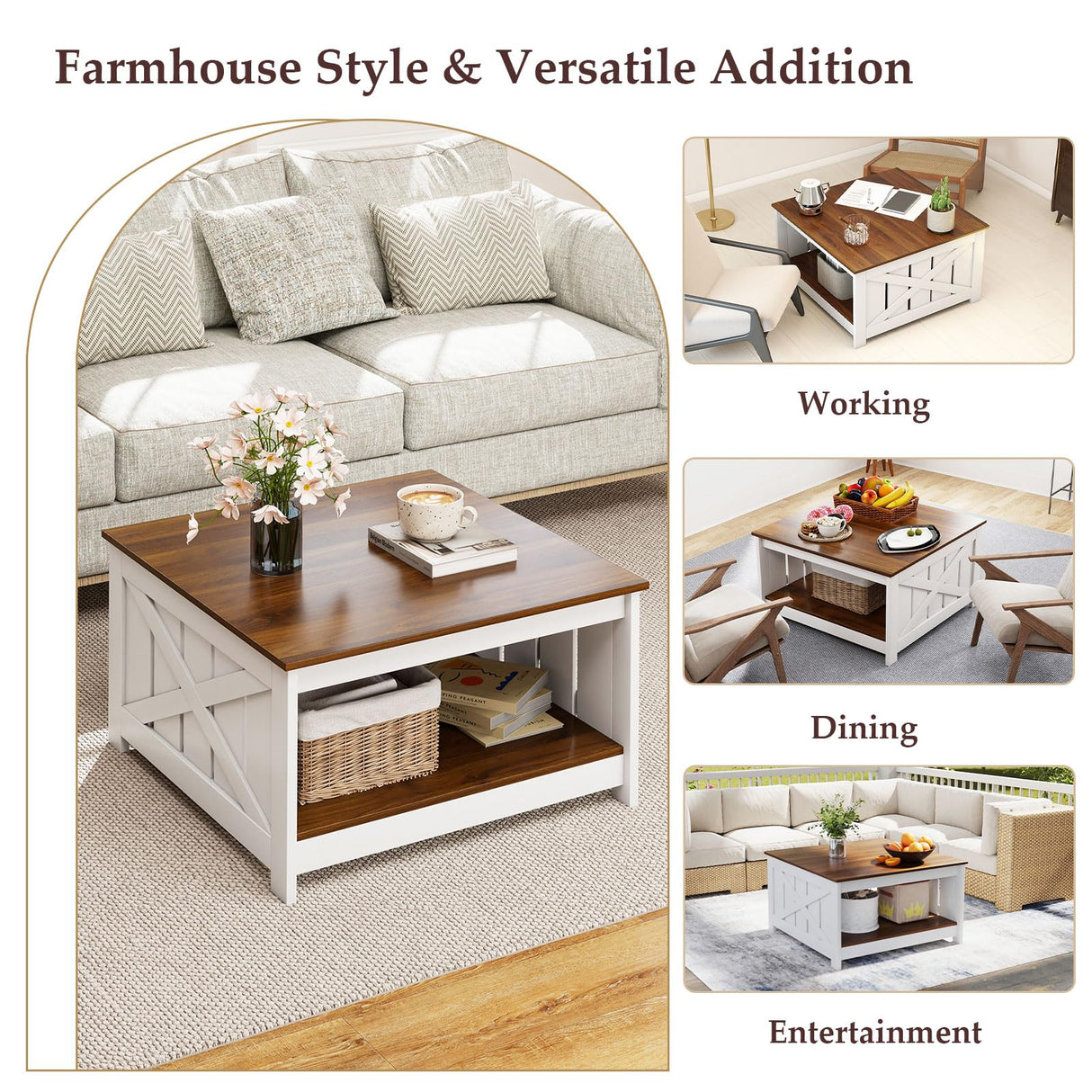 Giantex Farmhouse Coffee Table, 31 Inch Square Wood Coffee Table with Storage Shelf, 2-Tier Vintage Center Table with Open Compartment, Rustic Living Room Table for Home Office, White & Brown Giantex