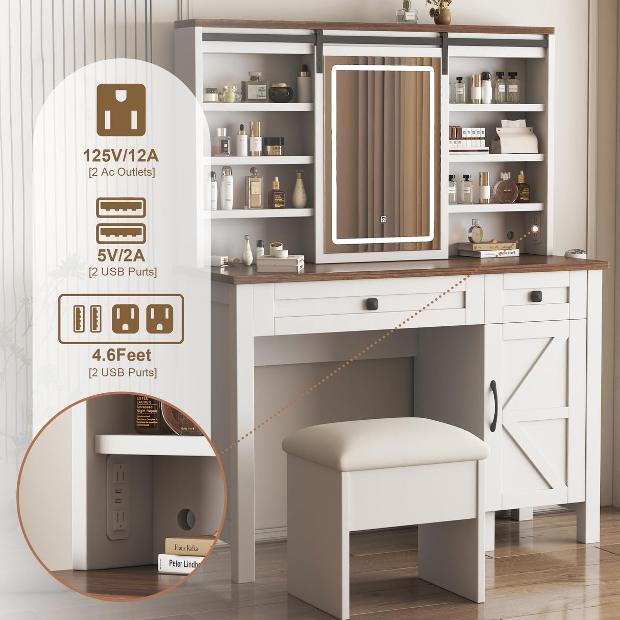 Legendstone Makeup Vanity Desk with Sliding Mirror and Lights, Farmhouse 42'' Tabletop Vanity Table with Drawers & Shelves & Power Outlet & Stool, Rustic Big Vanity Set for Bedroom,Antique White Legendstone