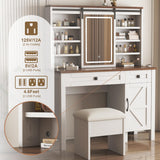 Legendstone Makeup Vanity Desk with Sliding Mirror and Lights, Farmhouse 42'' Tabletop Vanity Table with Drawers & Shelves & Power Outlet & Stool, Rustic Big Vanity Set for Bedroom,Antique White Legendstone
