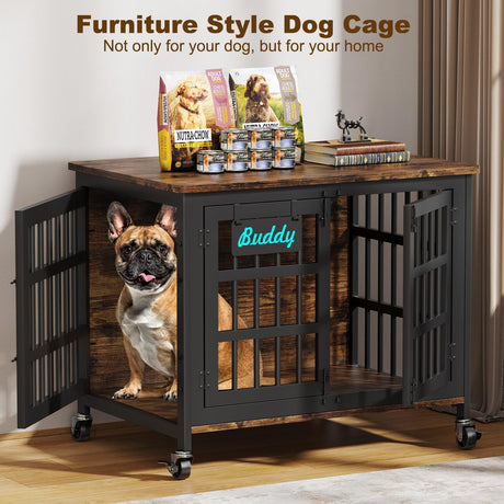 EasyCom 33"/27" Dog Crate Furniture with Name Tag, Heavy Duty Dog Kennel Indoor for Medium and Small Dogs, Double-Doors Sturdy Metal Dog Cage, Decorate House as TV Stand, End Table, Bedside Table EasyCom