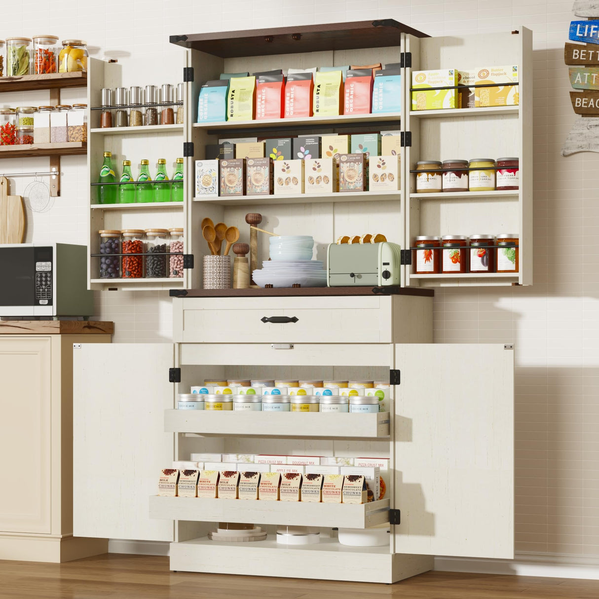 71" Tall Kitchen Pantry Cabinet with 3 Drawers, Farmhouse Storage Cabinet with 6 Barn Door Shelves,with Load-Bearing Steel Pipe and Adjustable Shelves,Pantry Organizer for Kitchen,Living Room(White) jiteentarou