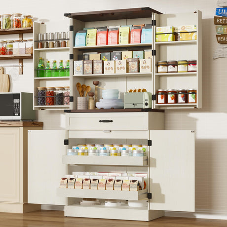 71" Tall Kitchen Pantry Cabinet with 3 Drawers, Farmhouse Storage Cabinet with 6 Barn Door Shelves,with Load-Bearing Steel Pipe and Adjustable Shelves,Pantry Organizer for Kitchen,Living Room(White) jiteentarou