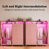 LUMTOK 2-in-1 Dresser with Hanging Racks,5 Fabric Drawers Dressers with LED Lights, Charging Station for Bedroom Living Room, Entryway, Closets (Pink) LUMTOK