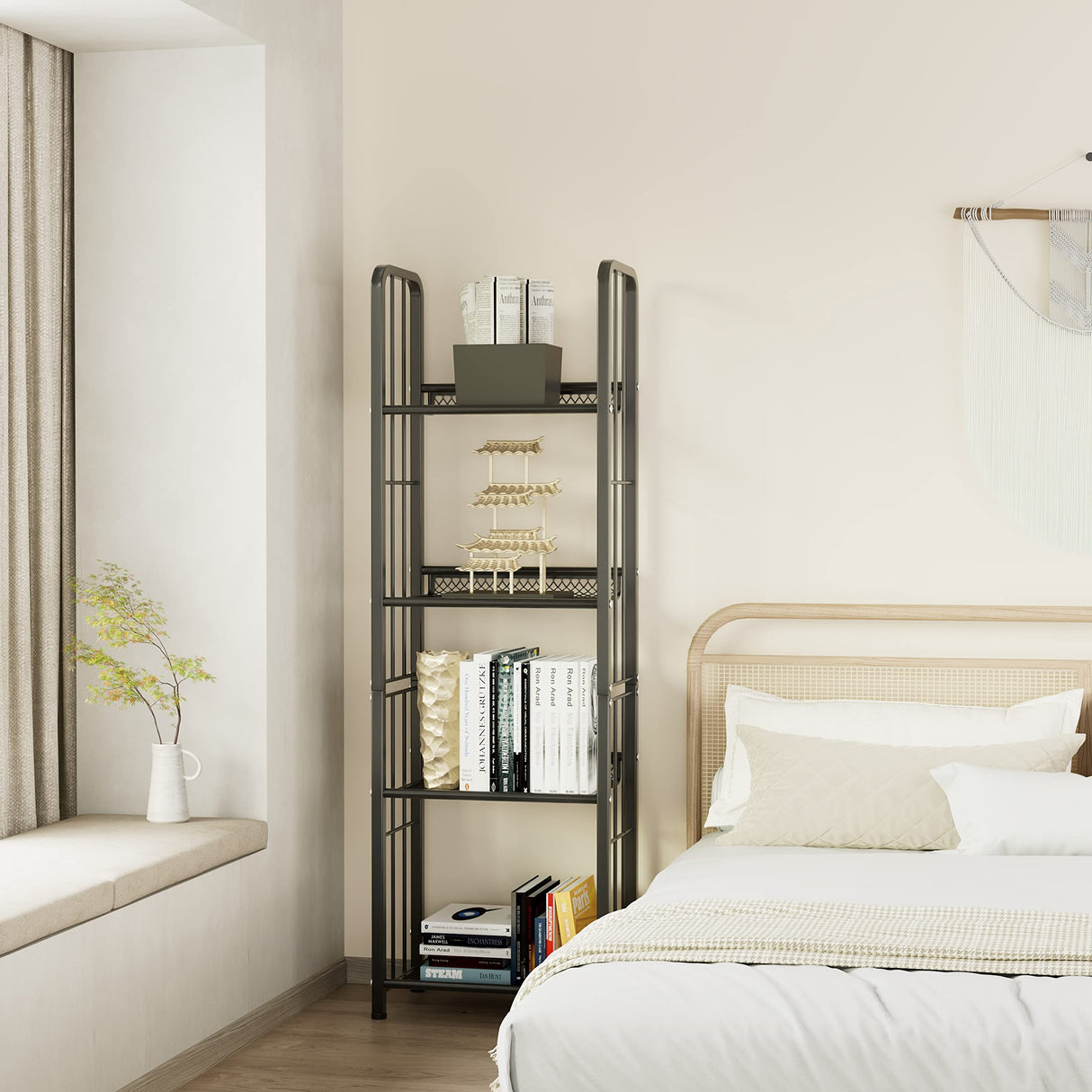 Azheruol Bookshelf Vertical Storage Freestanding Storage Stand for Living Room, Bedroom, Kitchen, Rust Resistance, Easy Assemblyl Free CombinationMulti-Functional Organizer (4 Tiers, Black) Azheruol