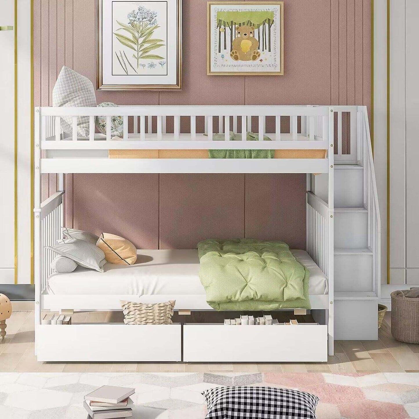 Harper & Bright Designs Modern White Full Over Full Bunk Bed with Stairs and Storage Drawers