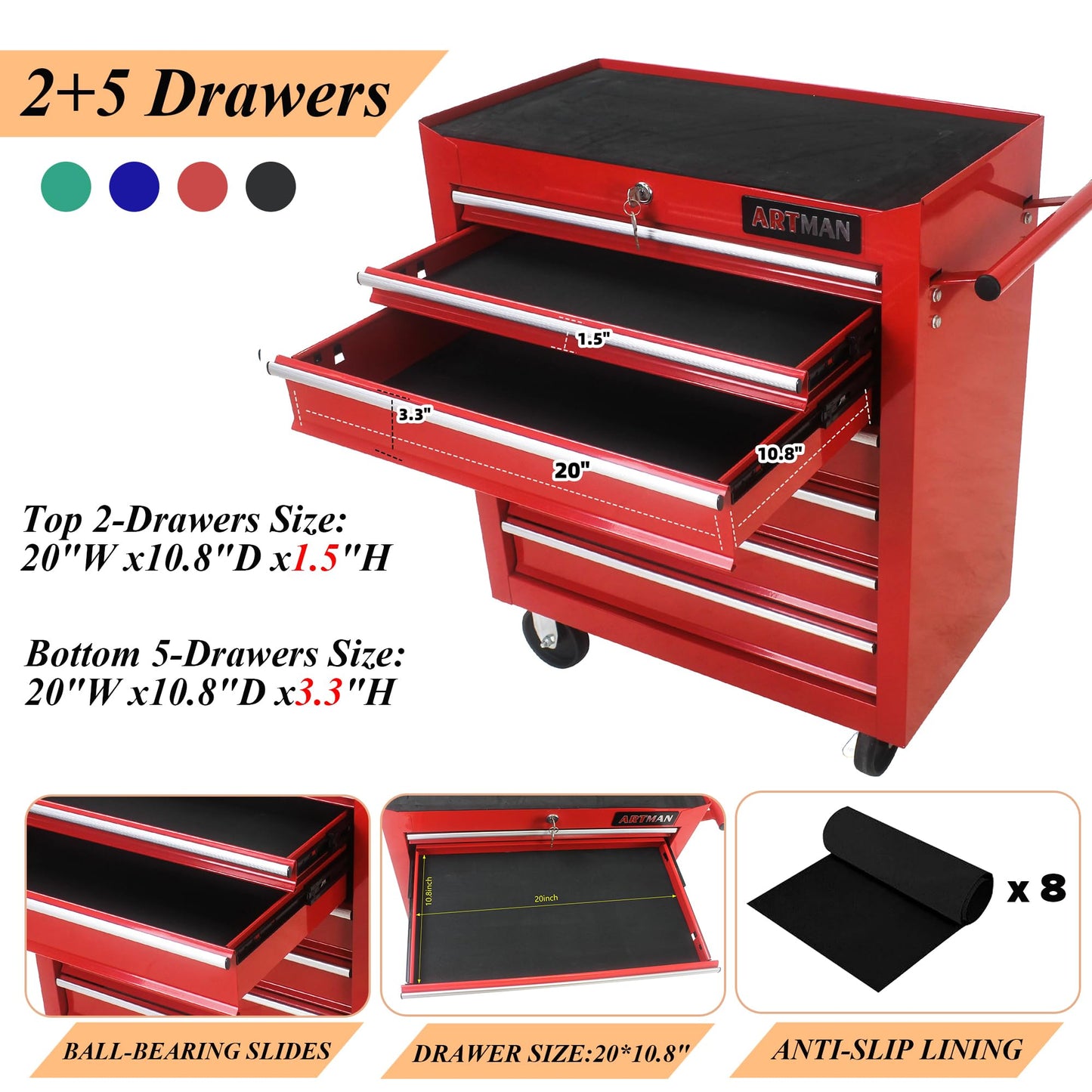 lunhung 7-Drawer Metal Rolling Tool Chest with Wheels,Tool Storage Cabinet With Locking System,Multifunctional Tool Cart with Wheels for Garage, Warehouse, Workshop, Repair Shop (Red) - WoodArtSupply