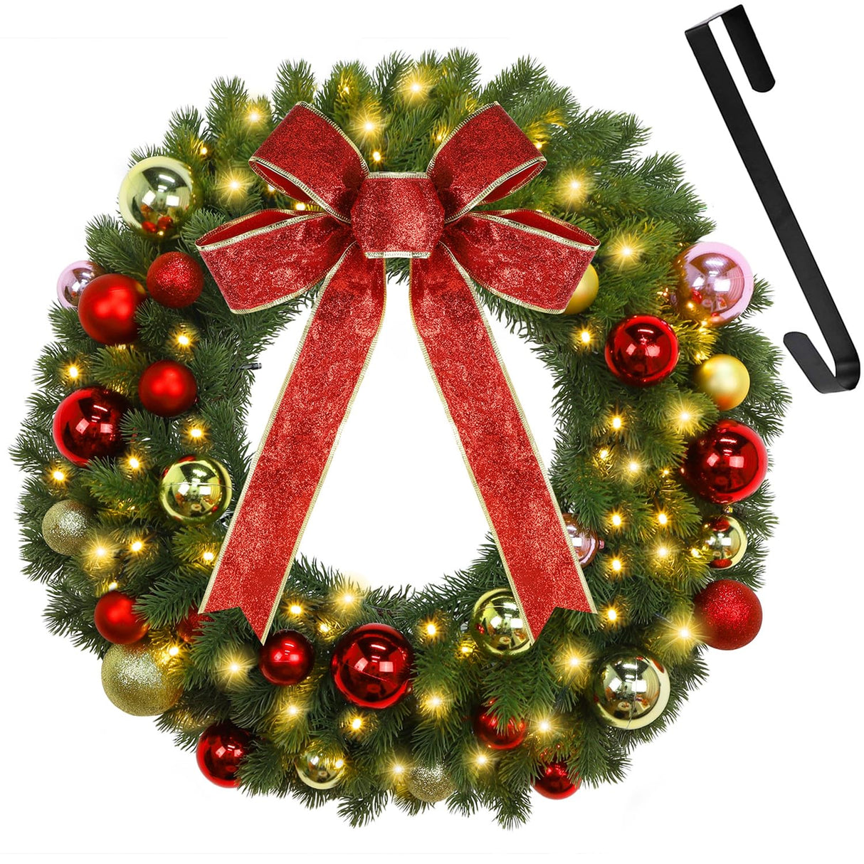 Juegoal 21 Inch Pre-Lit Christmas Wreath with Metal Hanger, Lighted Xmas Folded Wreath with 60 LED Lights, Red Bow and Colorful Balls, Battery Operated & Timer for Outdoor Home Window Wall Front Door Juegoal