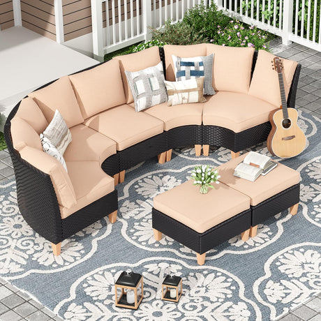 Soohow Half-Moon Patio Conversation Set, 7 Piece Outdoor Sectional Furniture Set with Cushions, Wicker Patio Conversation Set Outdoor Sectional Sofa, All-Weather for Garden, Backyard and Poolside Soohow