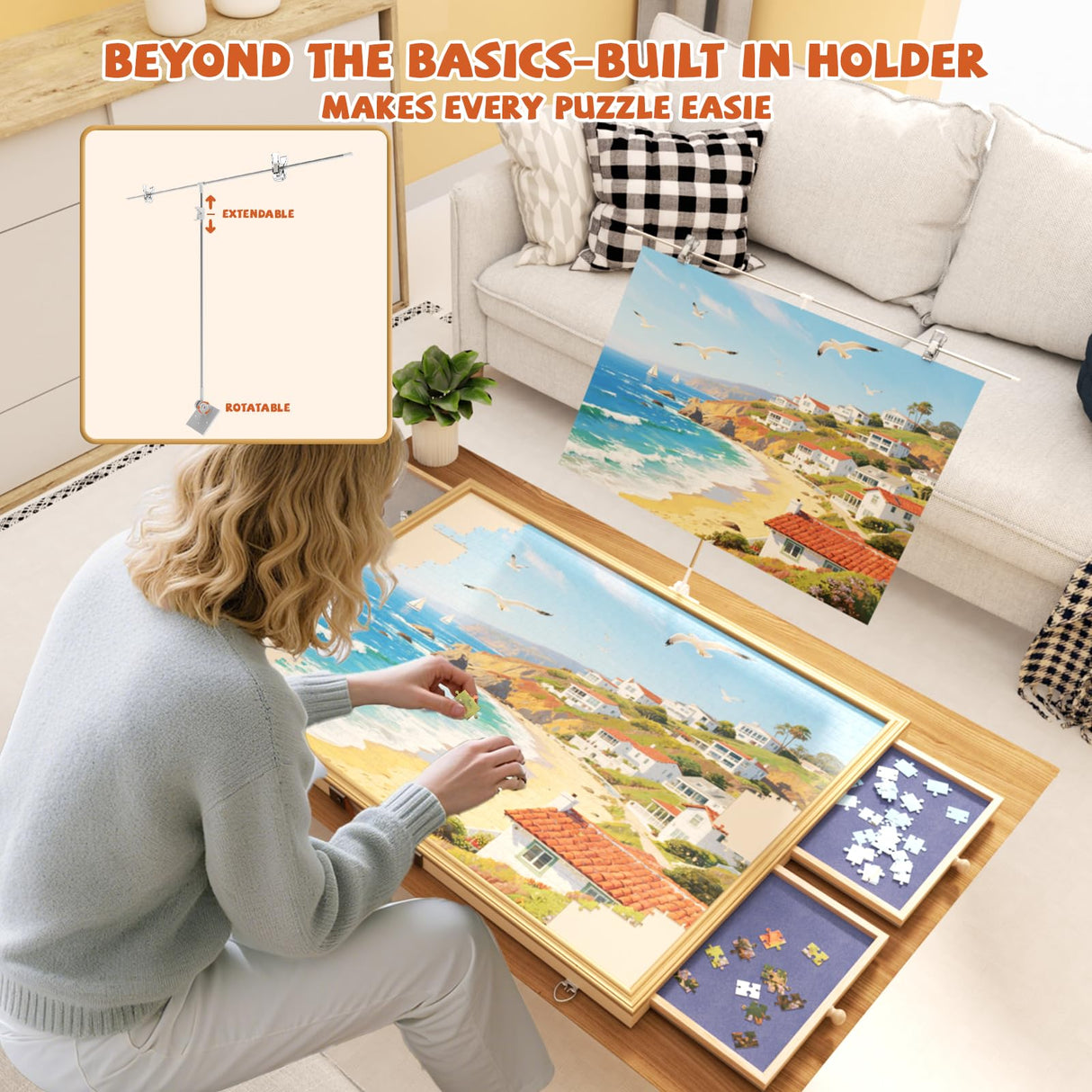 1500 Pcs Adjustable Jigsaw Puzzle Board with Drawers and Cover, 33.3"x24.3" Rotating Puzzle Table with Lazy Susan, Frame for Wall Art Display zoabhl