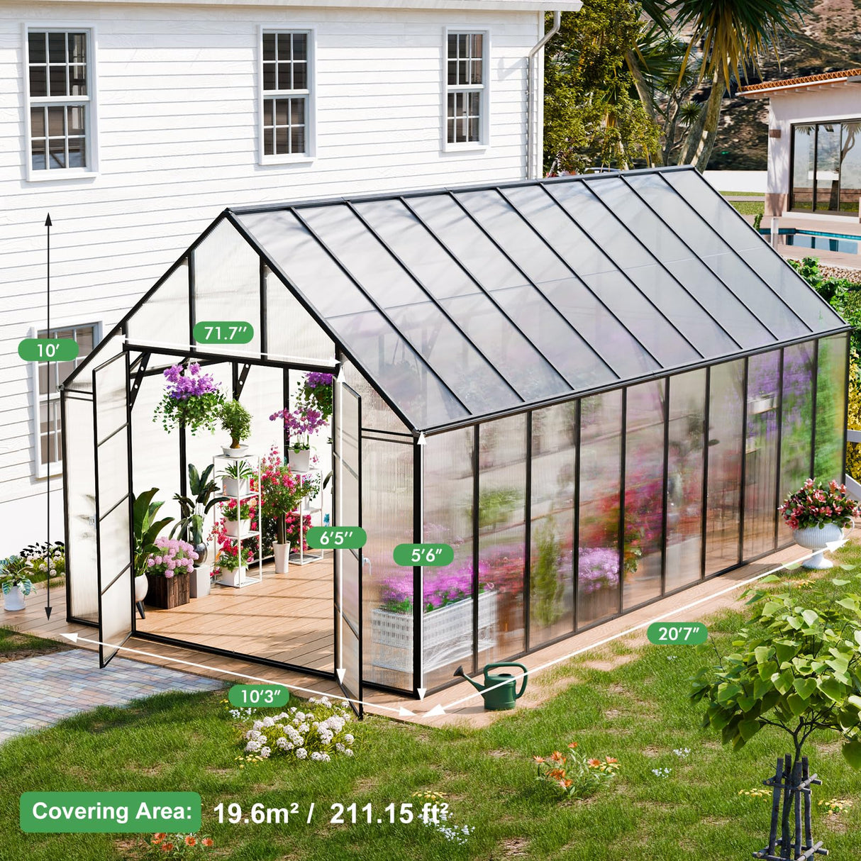 CDCASA 20x10x10 FT Greenhouse for Outdoors, Easy Assembly Large Thicker Aluminum Heavy Duty Polycarbonate Greenhouses Kit w/4 Vent Window, Walk-in Green House for Sunroom Patio,Backyard CDCASA