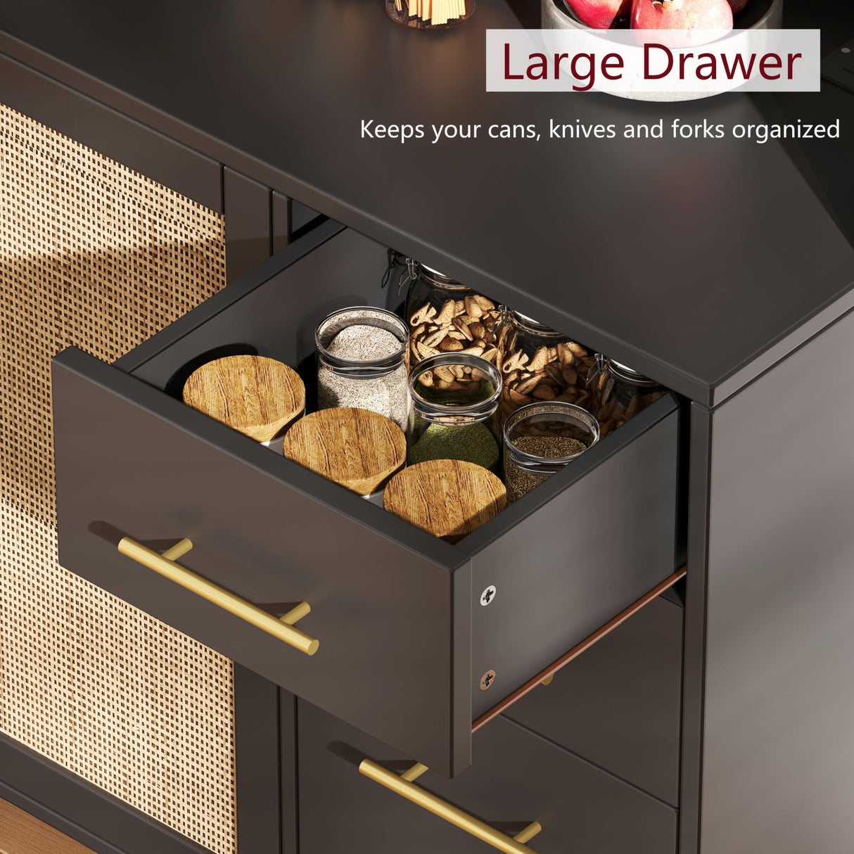 Rovaurx 70.9" Kitchen Pantry Cabinet with Microwave Shelf, Rattan Freestanding Storage Cabinet with Charging Station, Sideboard Buffet Cabinet with Drawers and Doors, Black and Natural KBG002BME Rovaurx