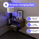 Homaterial Floating Nightstand with Charging Station and LED Lights, Floating Bedside Table with Drawers Wall Mounted Nightstands,for Bedroom Room, 21.3" x 11.8" x 10",Rustic Brown Homaterial