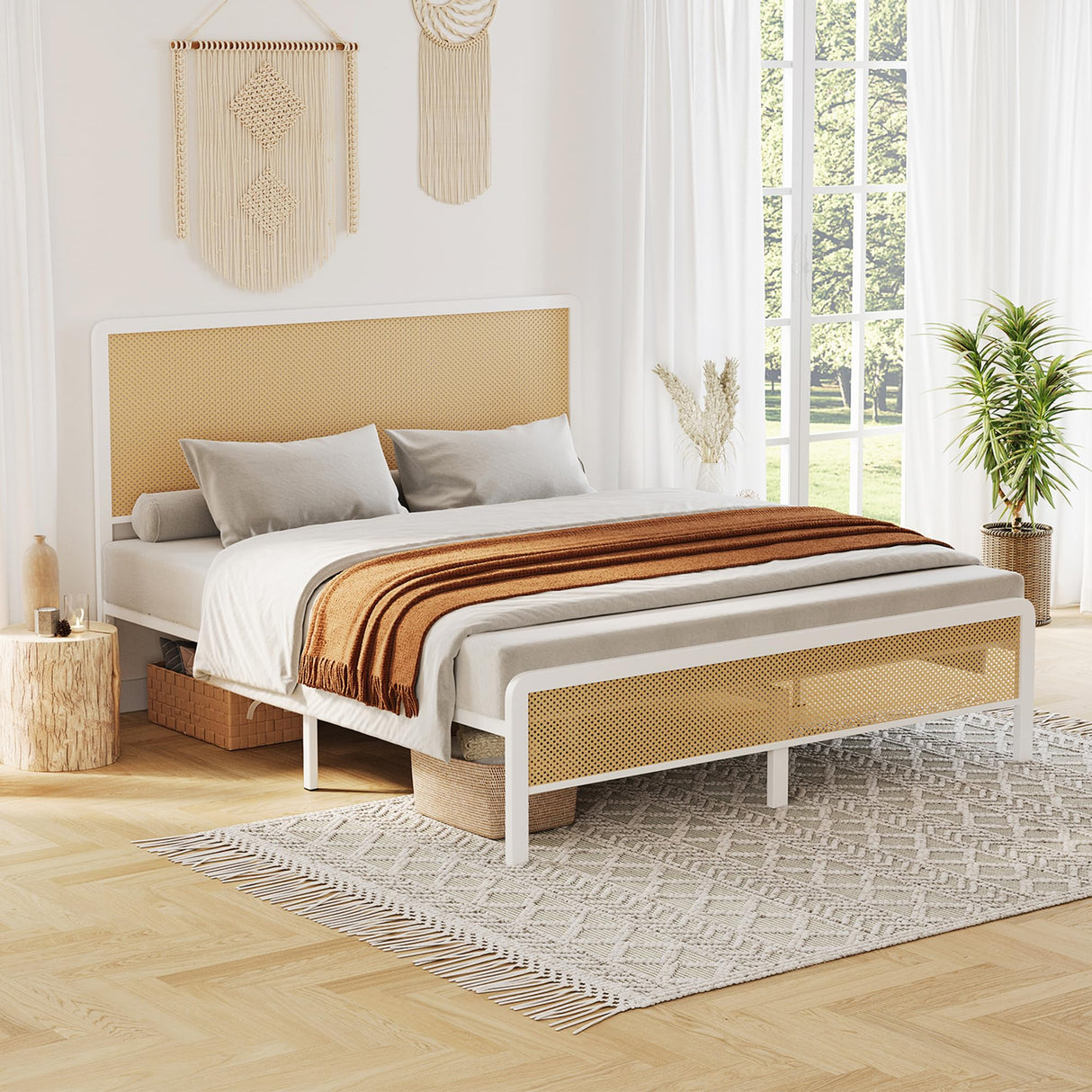 GarveeHome Queen Bed Frame with Rattan Headboard and Footboard, Bohemian Rattan Queen Size Bed Frame with Under Bed Storage, Solid Metal Foundation with Silent Slats,No Box Spring Needed GarveeHome