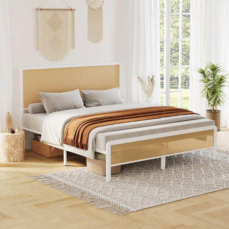 GarveeHome Full Bed Frame with Rattan Headboard and Footboard, Bohemian Rattan Full Size Bed Frame with Under Bed Storage, Solid Metal Foundation with Silent Slats,No Box Spring Needed GarveeHome