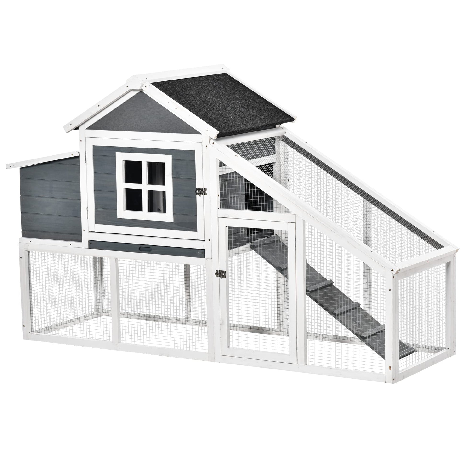 PawHut 69" Wooden Chicken Coop, Poultry Cage Hen House with Connecting Ramp, Removable Tray, Ventilated Window and Nesting Box, White - WoodArtSupply