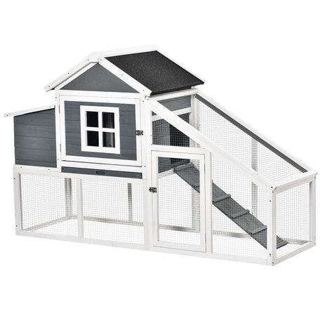 PawHut 69" Wooden Chicken Coop, Poultry Cage Hen House with Connecting Ramp, Removable Tray, Ventilated Window and Nesting Box, White PawHut