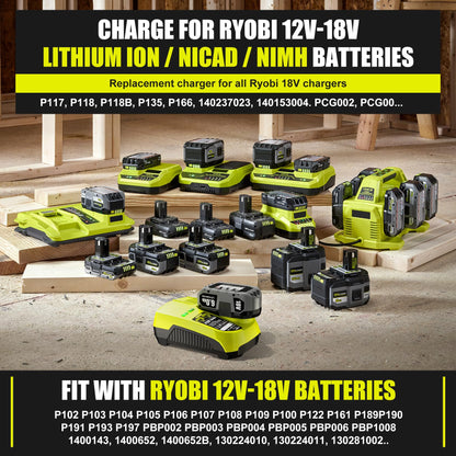 【with 2 USB Port】 Charger Replacement for Ryobi 18V Charger P117 Compatible with Ryobi 12V-18V One+ Lithium NiCad NiMh Battery P102 P108 P189 P197 P103 P105 P107 P190 P191 PBP002 PBP005 - WoodArtSupply