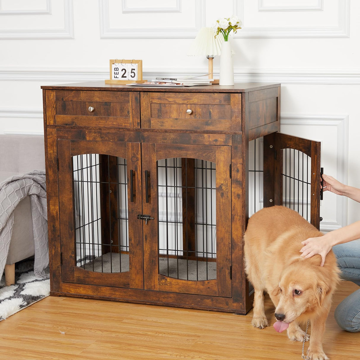 GAOMON Dog Crate Furniture with Cushion,Wooden Dog Kennels Indoor with 2 Drawers,Dog Furniture Crate End Table with Storage GAOMON