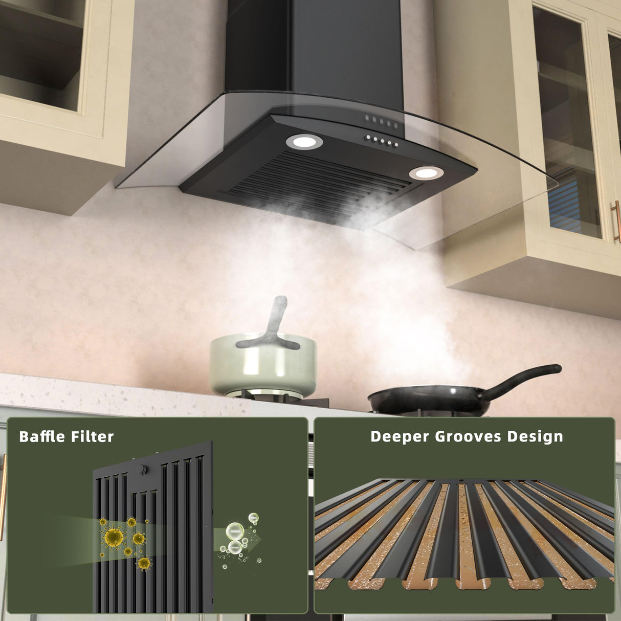 FIREGAS Wall Mount Range Hood 30 inch with 3 Speed Fan,black range hood with tempered glass,400CFM,Push Button Controls, LED Lighting, Permanent Filters in Stainless Steel,includes 2 Charcoal Filters FIREGAS