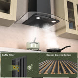 FIREGAS Wall Mount Range Hood 30 inch with 3 Speed Fan,black range hood with tempered glass,400CFM,Push Button Controls, LED Lighting, Permanent Filters in Stainless Steel,includes 2 Charcoal Filters FIREGAS