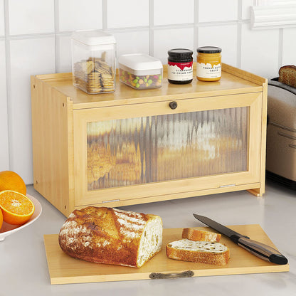 Large Bread Box for Kitchen Countertop - Bamboo Bread Storage Container with Cutting Board and Clear Plexiglass Window, Bread Bin, Farmhouse Bread Box, Bread Holder For Kitchen Counter (Self-Assembly)