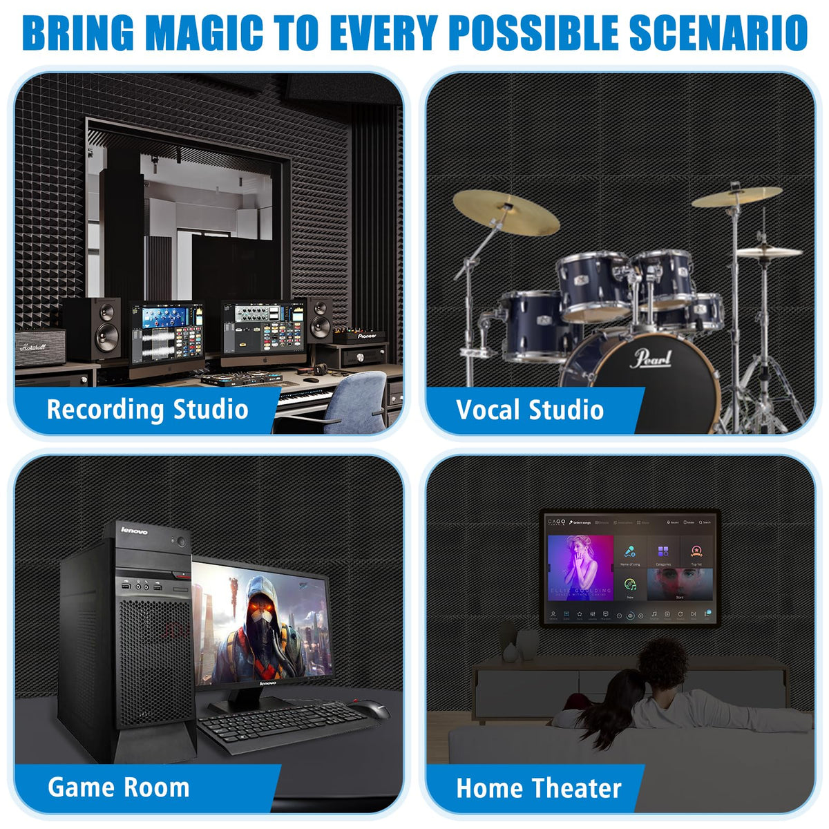 4 Pack-48X24X2 Inches Acoustic Panels, Egg Crate Foam soundproof wall panels,sound proof foam panels for walls, noise dampening panels,Sound Panels, Studio Foam for Wall and Ceiling HUIDNAI