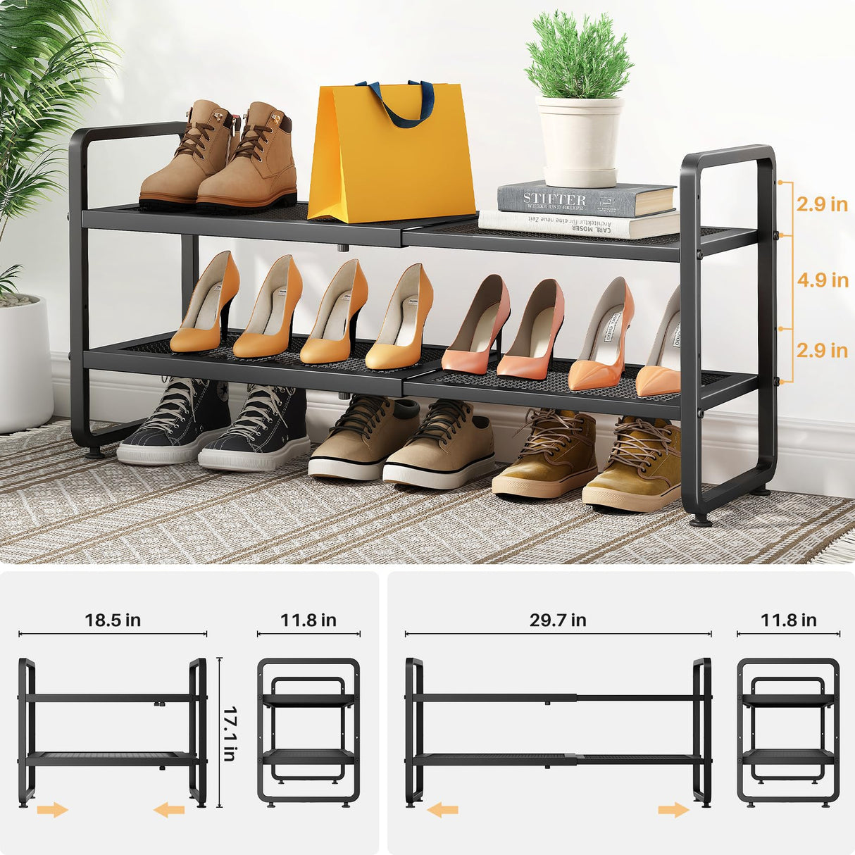 Shoe Rack - Expandable Shoe Organizer for Closet, Adjustable Metal Shoe Shelf Storage, 2 Tier Stackable Long Shoe Stand Holder for Garage, Entryway, Door Entrance, Black SNTD