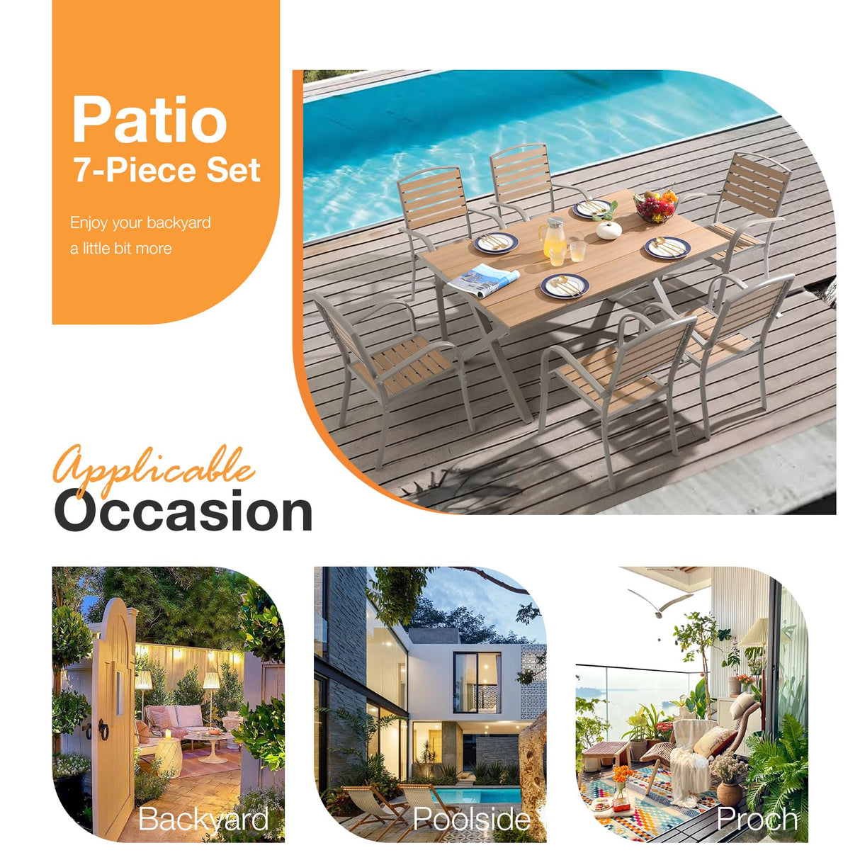 Patiorama 7 Pieces Patio Dining Set, Aluminum Outdoor Dining Set for 6, Patio Furniture Dining Set with Faux Woodgrain Rectangular Table and Stackable Chairs for Lawn Garden Backyard, Teakwood Brown Patiorama