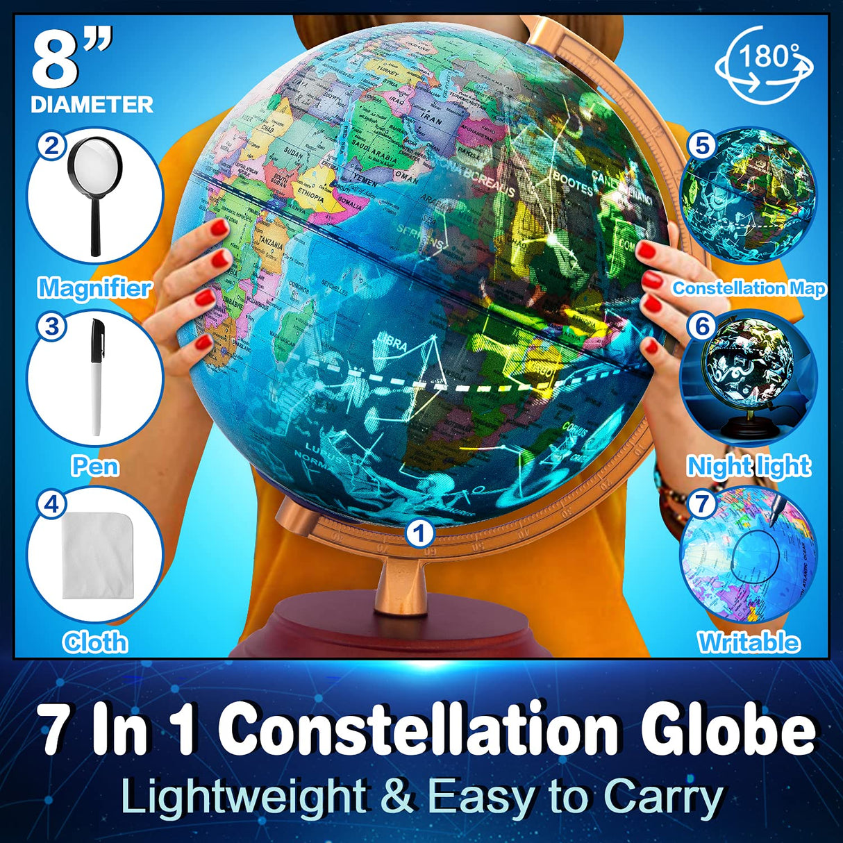 TTKTK Illuminated World Globe for Kids & Adults All Ages with Wooden Stand 7 in 1- Night View Stars Map Constellation Globe with Detailed Colorful World,Built-in LED Bulb, Educational Gift TTKTK
