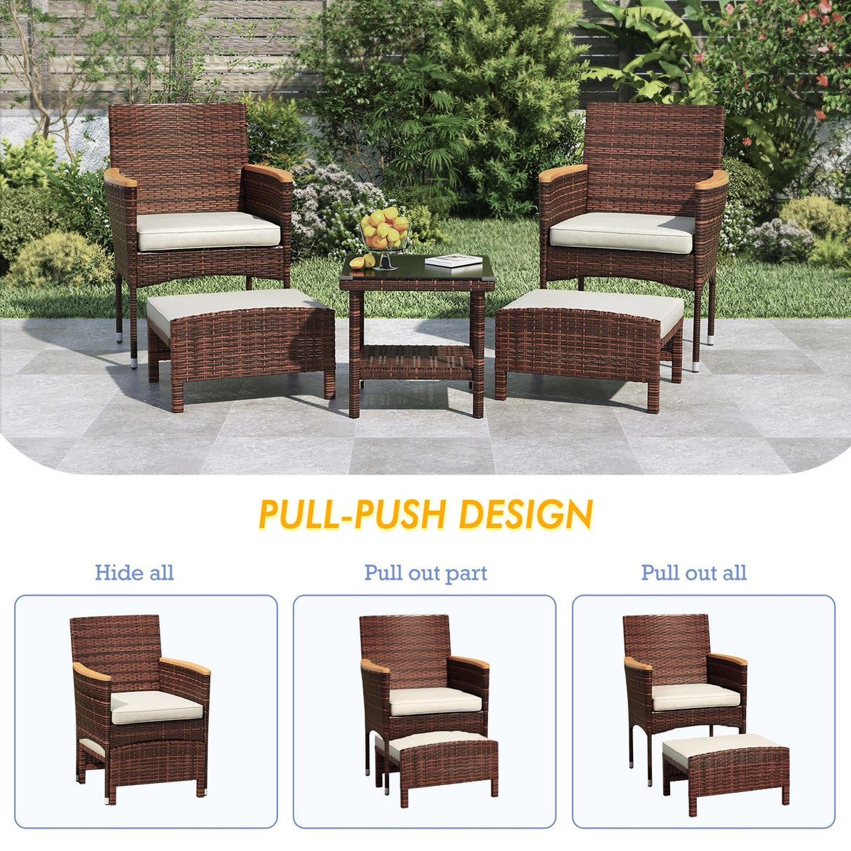 5 Piece Outdoor Patio Furniture Set with Table&Ottoman Outdoor Furniture Patio Set Bistro Wicker Patio Set of 2 Outside Lawn Chairs Conversation Sets for Porch Balcony Deck(Brown Wicker&Khaki Cushion) ARTBUSKE
