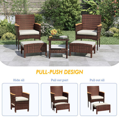 5 Piece Outdoor Patio Furniture Set with Table&Ottoman Outdoor Furniture Patio Set Bistro Wicker Patio Set of 2 Outside Lawn Chairs Conversation Sets for Porch Balcony Deck(Brown Wicker&Khaki Cushion)