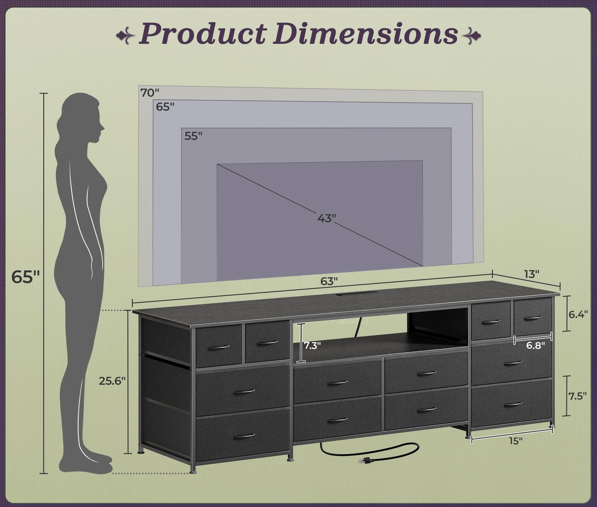 Huuger 63 Inch Dresser TV Stand with LED Lights, Power Outlets and USB-C Port, 12 Fabric Drawer Dresser for Bedroom, Wide Entertainment Center for 65, 70 Inch TV, Open Shelf, Black Huuger