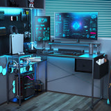 DOMICON Gaming Desk, 47 inch L Shaped Gaming Desk, Computer Desk with LED Lights & Adjustable Stand, Power Outlets, Storage Drawer, Reversible Gaming Desk with Shelves, Hook, Black Carbon Fiber DOMICON
