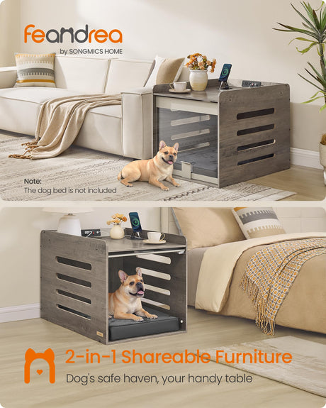 Feandrea Modern Dog Crate Furniture with Charging Station, Kennel Indoor with Flip-up Hidden Acrylic Door, for Small and Medium Dogs up to 45 lb, Side End Table, Heather Greige UPOC021G01 Feandrea